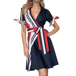 NEW Venus Wrap Belted Fit & Flare Dress 2 Navy Red White Short Sleeve Bow NWT